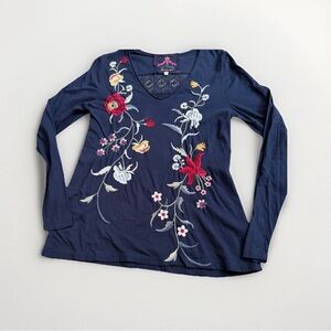 JW Los Angeles Boho Embroidered Navy Lace Back Top